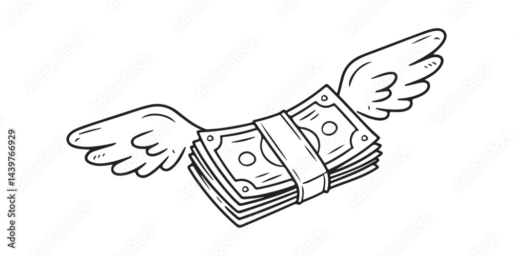 Obraz premium Dollar bill with wings doodle. Flying money. Hand drawn vector illustration.