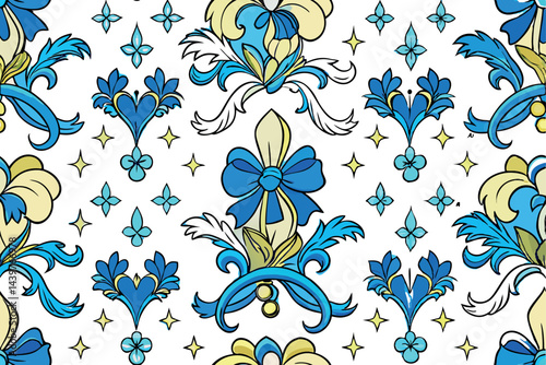Seamless floral damask pattern featuring blue bows, flowers, and delicate details perfect for elegant designs and fabric prints