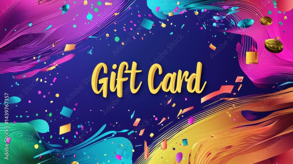 Fototapeta premium Colorful gift card design with vibrant swirls and festive confetti elements suitable for celebrations and special occasions