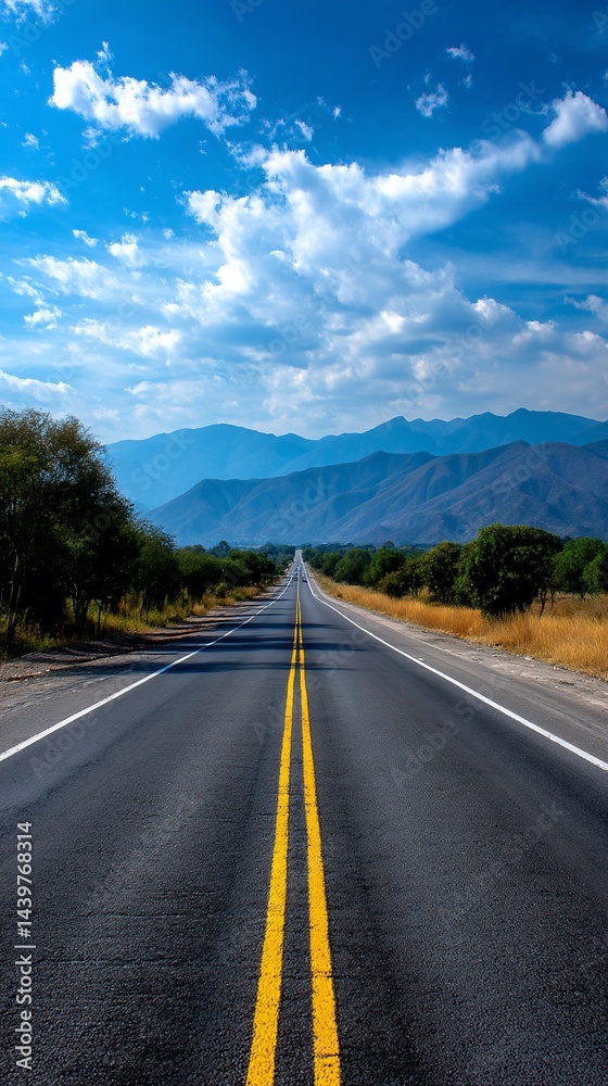 Naklejka premium Open road through mountains under a vibrant blue sky. Possible use Travel brochure, tourism advertisement