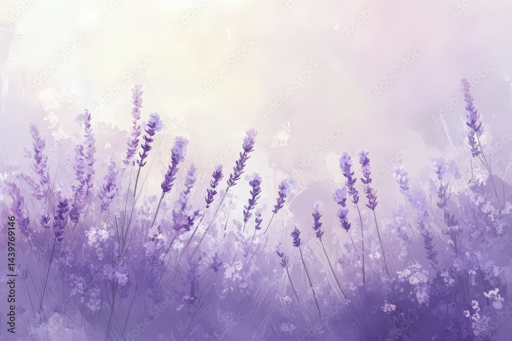 Naklejka premium A delicate portrayal of a lavender field bathed in soft sunlight.