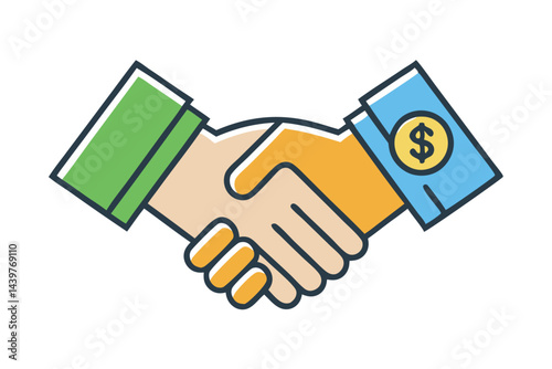 Successful business partnership concept, handshake with a dollar coin symbolizing financial transactions and corporate agreements