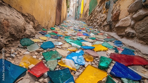 Colorful mosaic pathway in a narrow alley