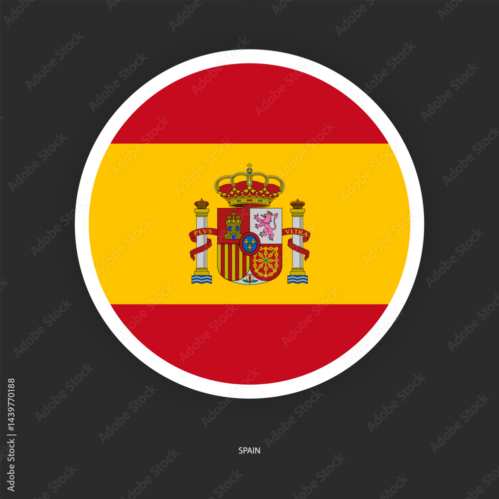 Obraz premium Spain circle flag icon with shadow on dark background. Spain button icon with white border isolated dark grey background