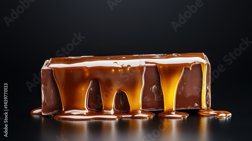 A visually striking depiction of a chocolate bar with caramel flowing gloriously down its sides, showcasing the blissful combination of flavors and textures in one frame.