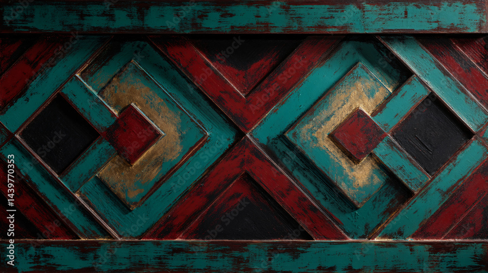Distressed Teal Blue Red and Gold Geometric Wall Panel