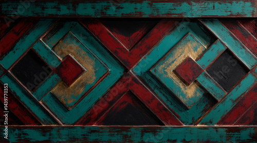 Obraz na płótnie Distressed Teal Blue Red and Gold Geometric Wall Panel w salonie