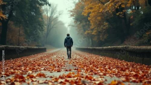 A person walks through a path covered with fallen leaves in the autumn season.

