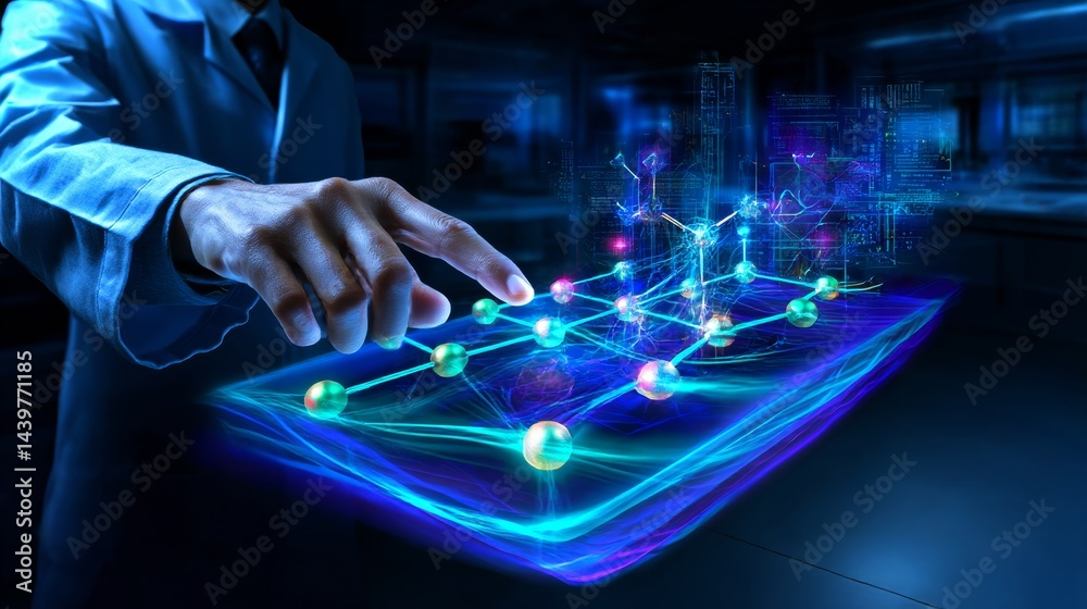 Scientist interacts with advanced holographic model in a futuristic research laboratory setting