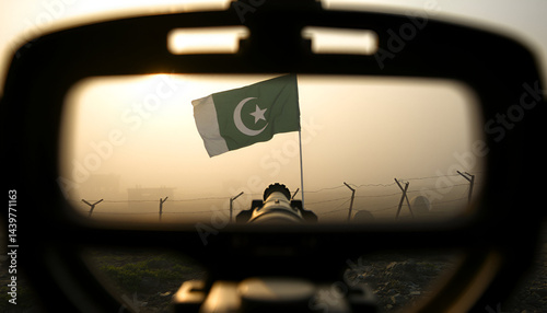Indian Army marksman observing Pakistani bunkers across the Line of Control. Early morning mist rises between concertina wire coils. A tattered Pakistani flag flaps slowly 800 meters away photo