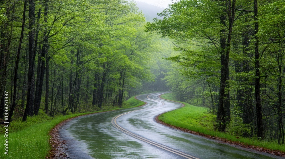 Fototapeta premium Winding road through lush green forest after rain