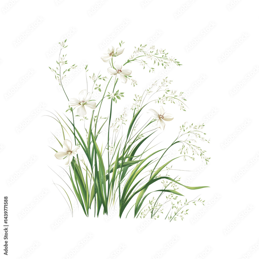 Obraz premium Elegant White Flowers and Green Grasses Botanical Illustration