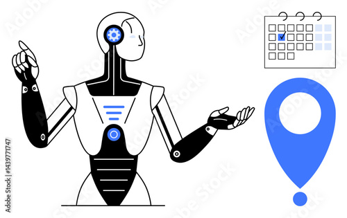 Humanoid robot gesturing near calendar and location pin emphasizes advanced automation, AI, and scheduling. Ideal for innovation, technology, robotics, AI systems, time management, planning