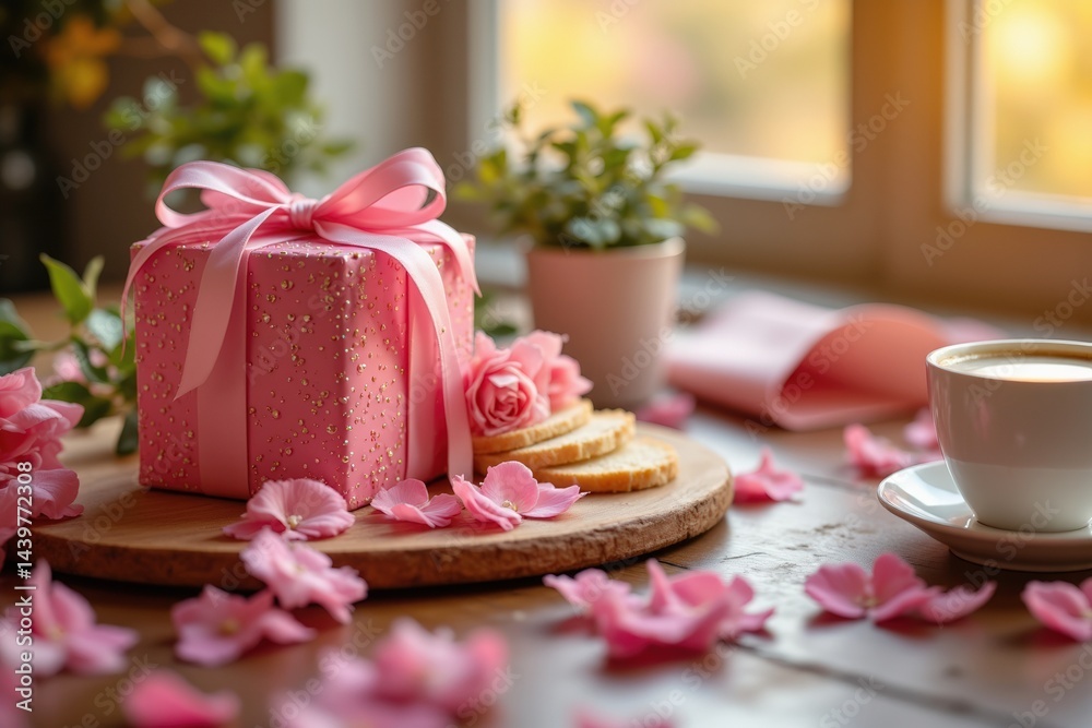 Pink gift box decorated with flowers and cookies on wooden table Pink gift box decorated with flowers and cookies on wooden table