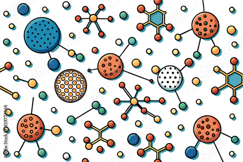 Abstract molecular design with connected dots and particles in bright colors, creating a dynamic pattern for use in educational or scientific visuals