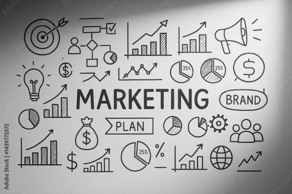 Minimal black-and-white sketch mural features business elements like graphs, lightbulb, megaphone, and dollar icons around central word “marketing”. Concept of business plan, analytics, branding.