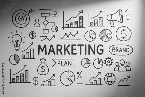 Obraz na płótnie Minimal black-and-white sketch mural features business elements like graphs, lightbulb, megaphone, and dollar icons around central word “marketing”. Concept of business plan, analytics, branding. w salonie
