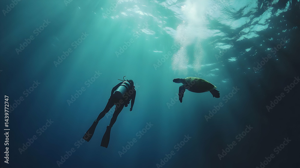 Fototapeta premium Ocean Diver Encounters Majestic Sea Turtle in Underwater Realm
