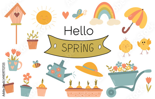 Hello spring. Set with cartoon flat elements.  Flowers in the garden wheelbarrow. Flat illustration. Spring flowers, little chick, watering can, tulips, rainbow. Clipart.