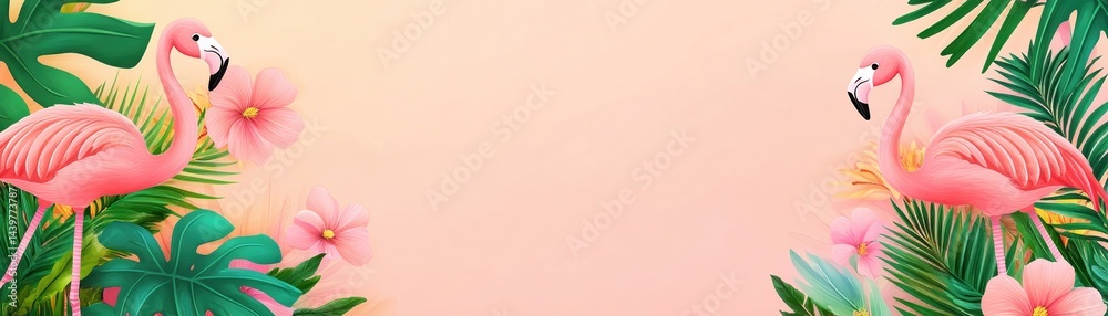 Fototapeta premium vibrant scene featuring cartoon flamingos surrounded by tropical plants and flowers, evoking cheerful atmosphere