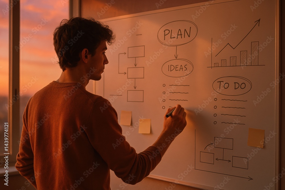 Man drawing productivity structure with planning scheme and task list under sunset light, visualizing ideas and to-do steps. Concept of business, marketing, office.