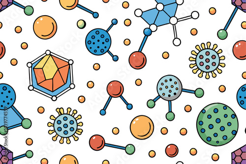 pattern of molecules, atoms, and particles with geometric shapes, perfect for science, chemistry, or biology themed creative projects