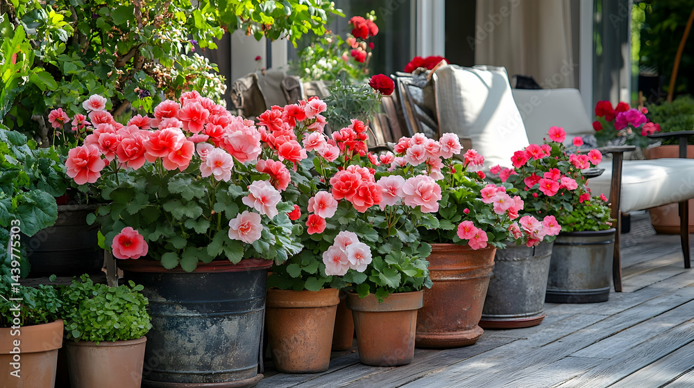 Fototapeta premium Vibrant Pink and Red Flowers in Terracotta Pots on a Rustic Balcony