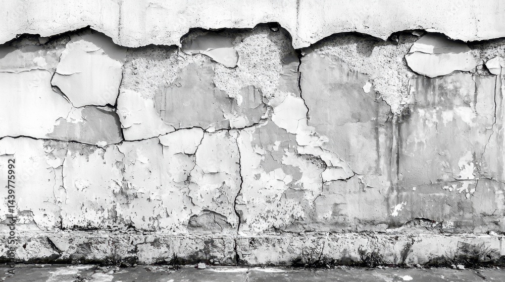 Obraz premium Cracked and peeling wall texture revealing worn layers in an urban setting during the day