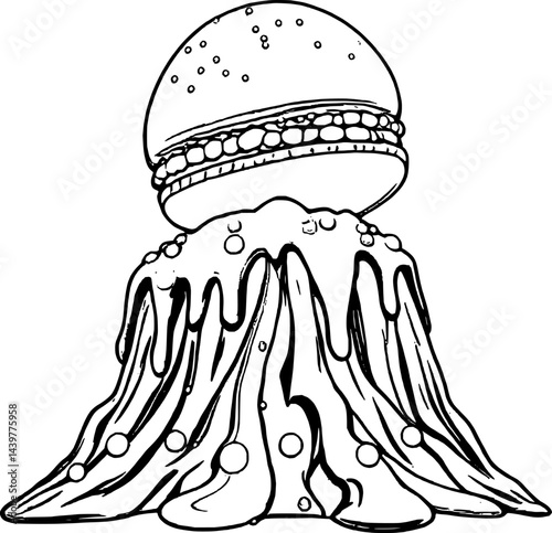 Sketchy Burger Perched Atop Melty Mountain With Scattered Shiny Pearls On A White Background