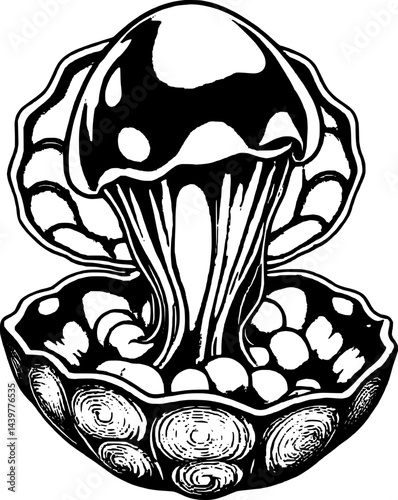 Surreal Purple Jellyfish in Green Seashell Graphic Fantasy Isolated on White Backdrop