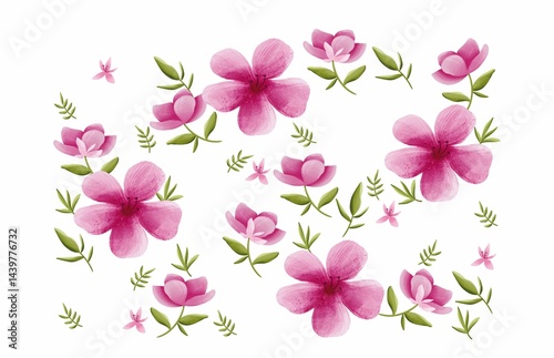 Illustration with bright pink flowers and green leaves on a white background. Delicate floral compositions create an atmosphere of freshness, romance, and natural beauty. Perfect for design and decora