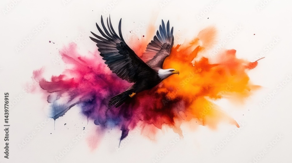 Obraz premium Watercolor painting of a lone eagle soaring through a sky of swirling colors on an absolutely white background.