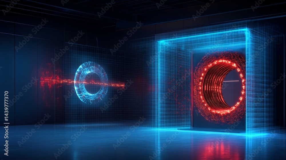 Nuclear implosion visualization in a scientific lab showcasing advanced holographic technology