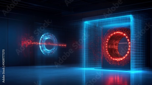Obraz na płótnie Nuclear implosion visualization in a scientific lab showcasing advanced holographic technology w salonie