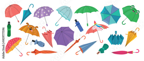 Umbrellas set. Colorful fashioned portable umbrellas recent vector wardrobe items for rainy days