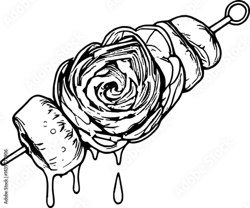 Skewered Artichoke Heart Drizzled With Glaze, On A White Background, Food Presentation