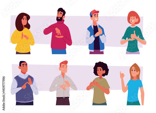Hands gestures communication. Deaf and dumb people talking with hand signs exact vector cartoon characters