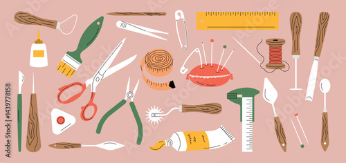 Crafting set. Tools for handmade artists work scissors knife colorful thread clay decorative recent vector flat illustrations