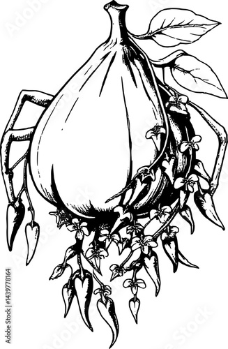 Exquisite Ink Drawing Of Exotic Fruit With Elegant Flowers And Tender Leaves On A Clean White Space