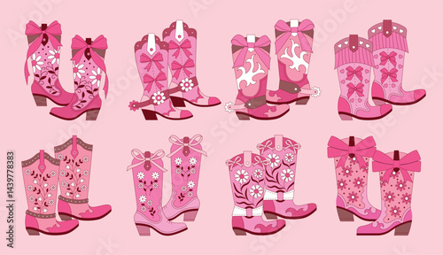 Cowgirl boots. Fashion western pink shoes for women recent vector cowboy concept set of boots for rodeo