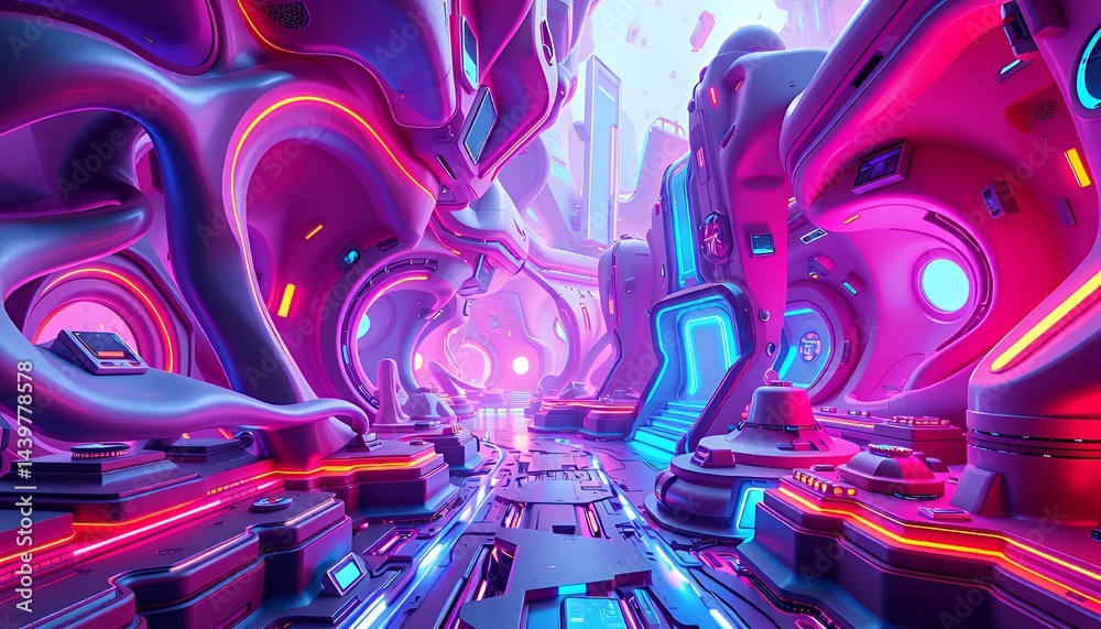 Futuristic Biotech Neon Illustration in 3D with Pink and Blue Hues Featuring Abstract Organic Structures and Geometric Platforms and Glowing Accents and Dynamic Perspective Futuristic Biotech Neon Illustration in 3D with Pink and Blue Hues Featuring Abstract Organic Structures and Geometric Platforms and Glowing Accents and Dynamic Perspective