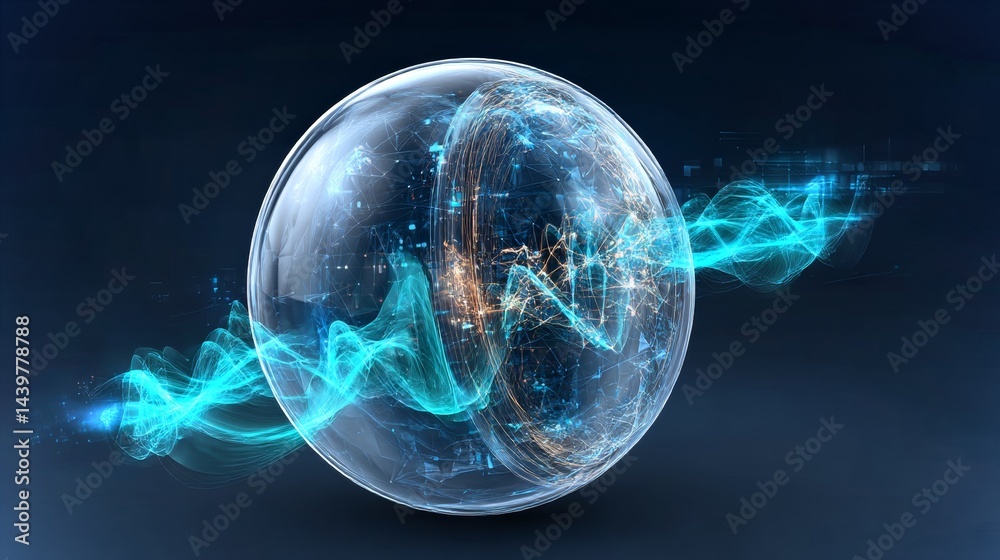 Transparent spherical hologram representing isotopes in a futuristic laboratory setting