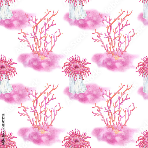 Seamless watercolor pattern with Pink Ocean Coral branch on white background. Abstract floral texture. Perfect for design templates, wallpaper, wrapping, fabric and textile.