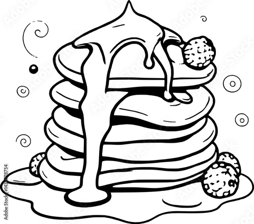 Stack Of Fluffy Pancakes Drizzled With Sweet Cream And Topped With Fresh Raspberries Illustration