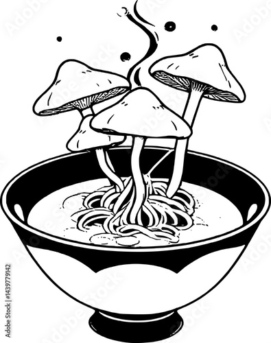 Illustrated Bowl With Mushrooms and Noodles Emitting Smoke Against A White Background