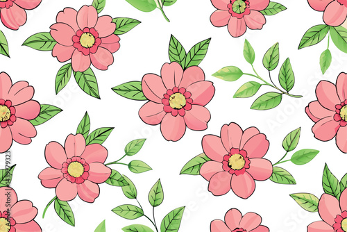 Sweet pink flower watercolor seamless pattern with fresh petals, green leaves, and a white background for a soft and delicate design