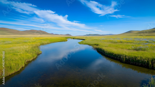 Serene River Landscape: A Breathtaking Meadow View