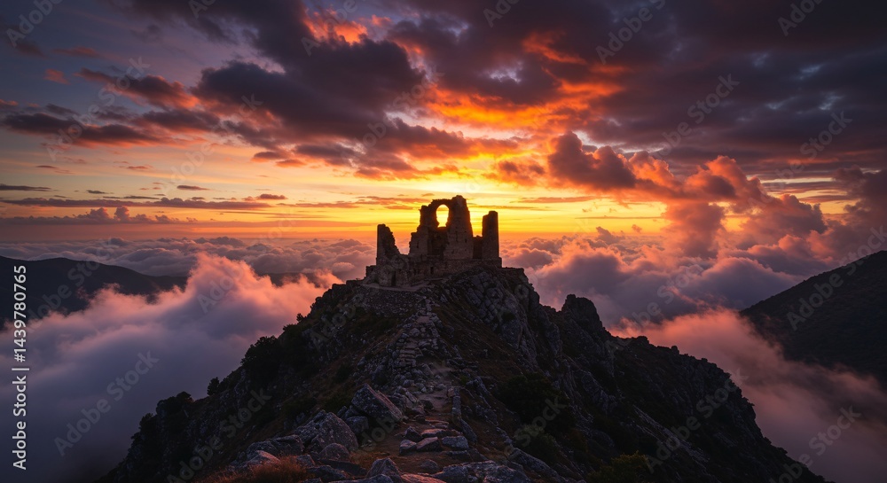 Obraz premium Majestic Mountaintop Ruins at Sunset A Breathtaking View of Clouds and Sky