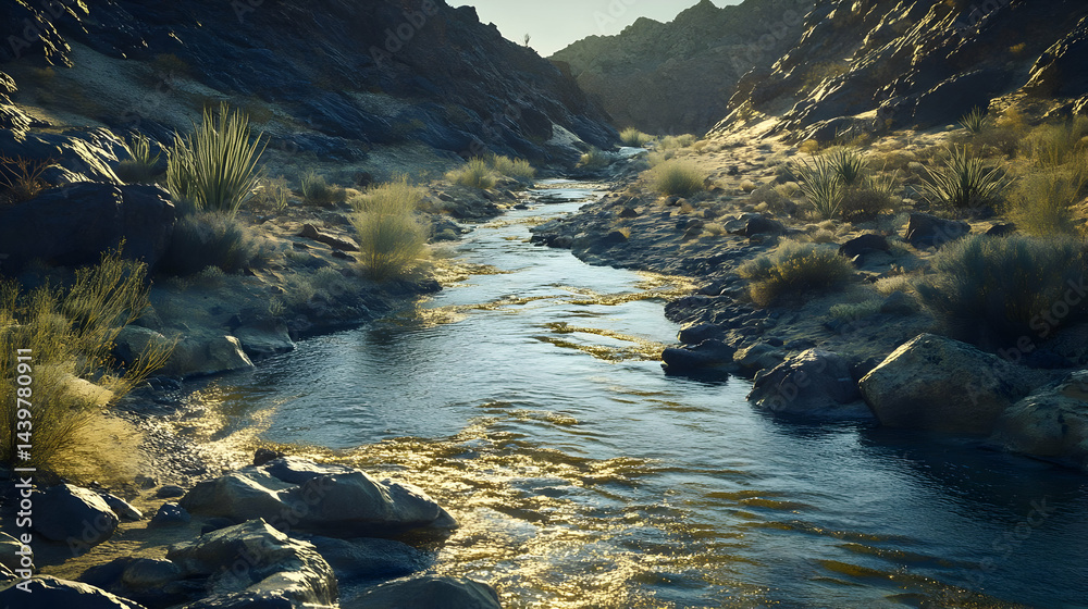 Fototapeta premium Serene Desert River: A Canyon's Golden Embrace