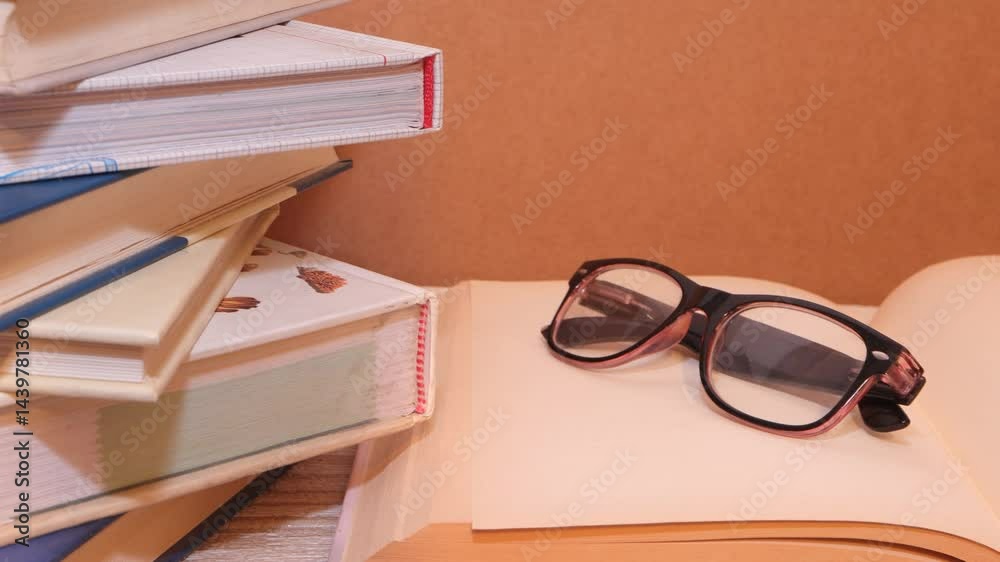 libros apilados lente gafas lectura